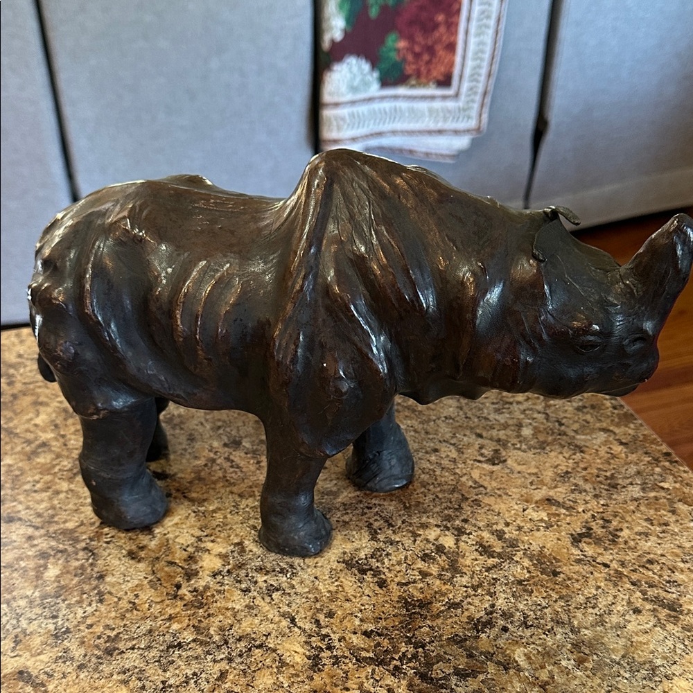 Vintage Leather Wrapped Rhino Sculpture Figure